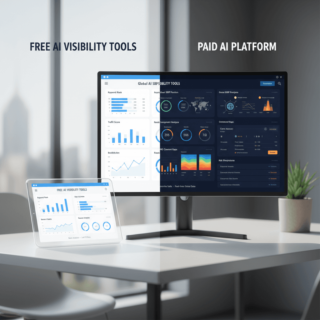 Side-by-side comparison of free AI visibility tools versus paid platforms on a modern analytics dashboard screen