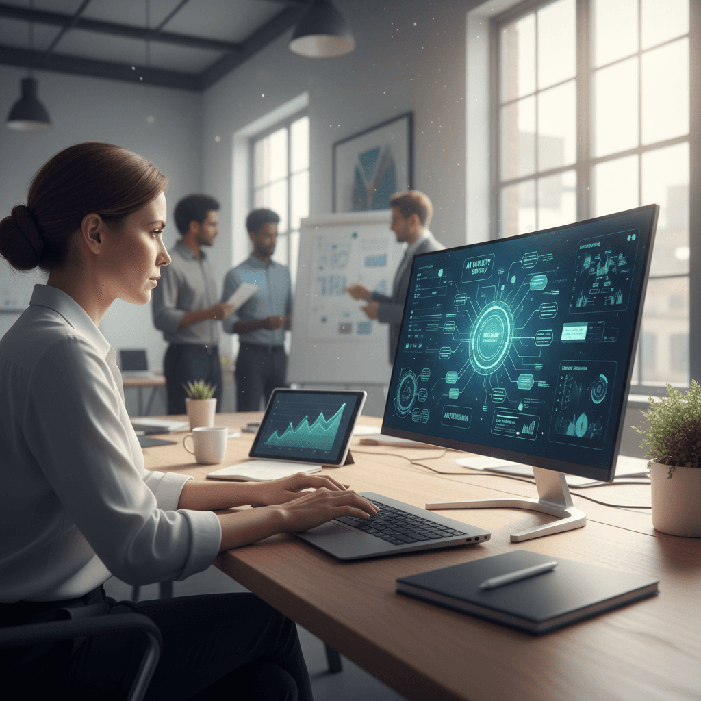 Marketer beginning AI visibility implementation on a laptop, optimizing brand presence for ChatGPT and AI search assistants