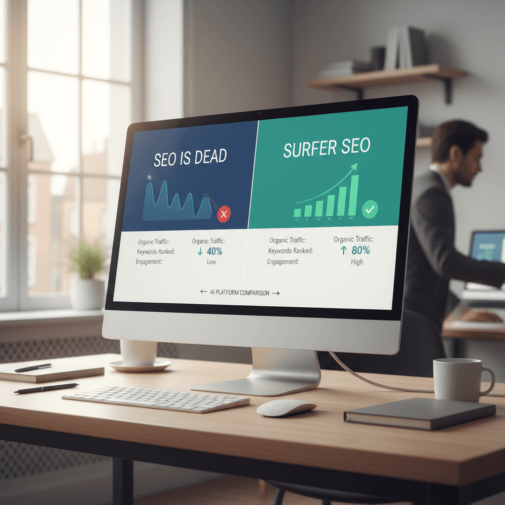 SEO is Dead vs Surfer SEO shown in an AI SEO platform comparison dashboard for mid-market businesses