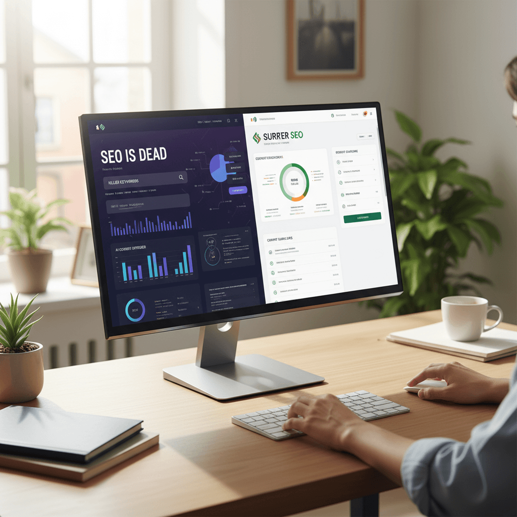 SEO is Dead vs Surfer SEO shown as AI SEO platforms compared on a modern analytics dashboard display