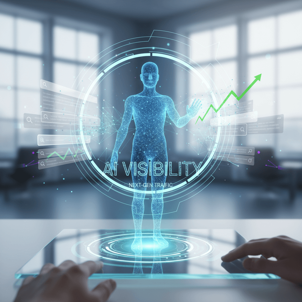 Futuristic AI dashboard replacing search engines, showing how brands solve declining organic traffic by optimizing for AI visibility