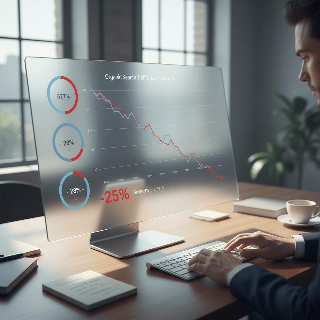 Analytics dashboard displaying a sharp organic traffic decline as AI assistants replace traditional Google search for discovery