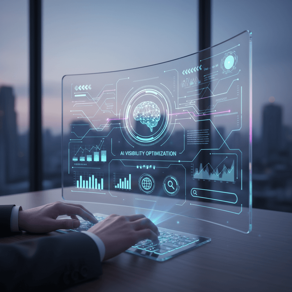 Futuristic AI assistant interface on a digital screen representing AI visibility optimization for modern brand discovery