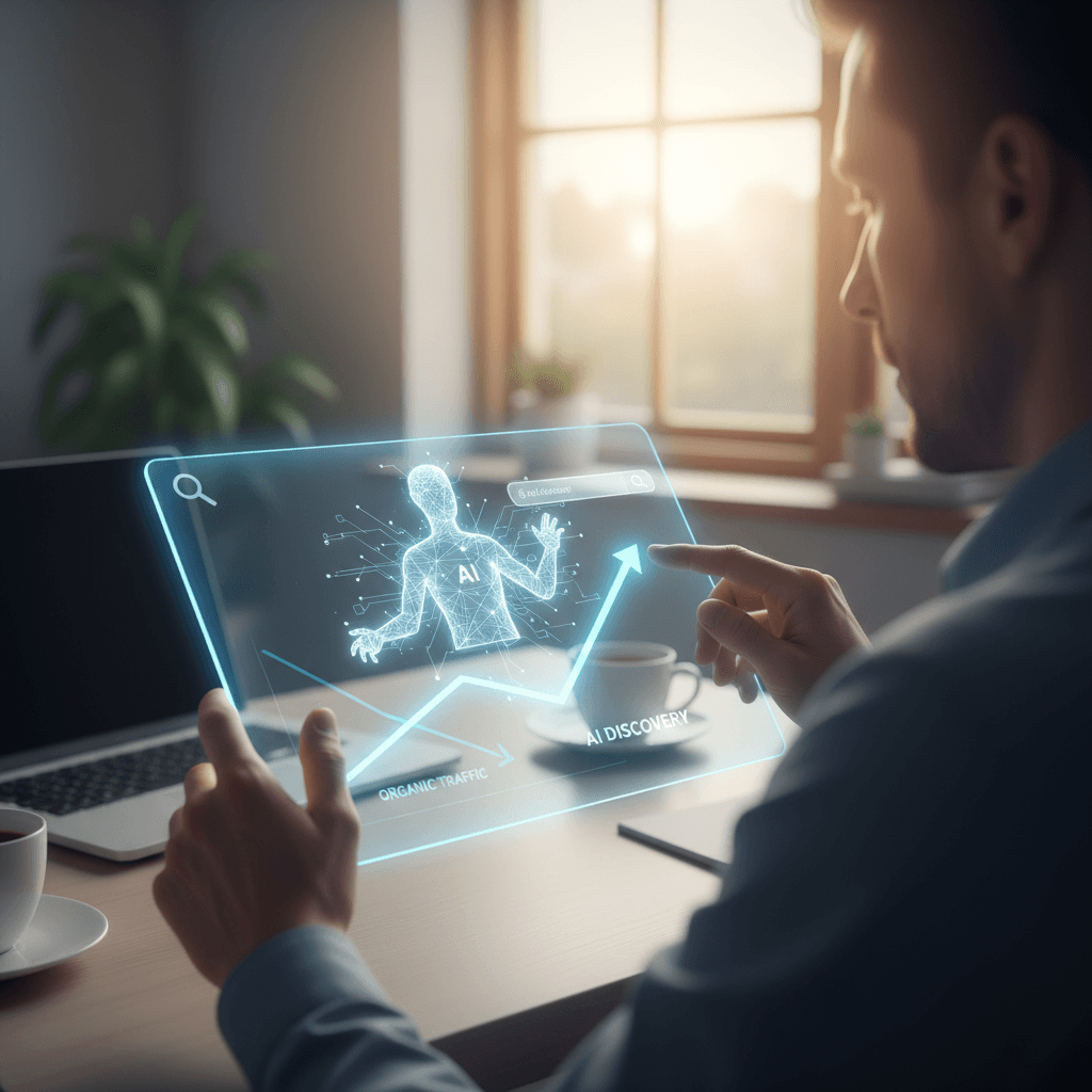 AI chatbot interface replacing search engines, illustrating the organic traffic decline problem as users shift to AI-powered discovery tools